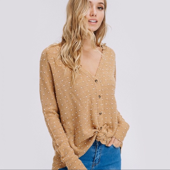 NEW Mustard Button Down Tie Front Top Knit Thermal - Picture 4 of 8